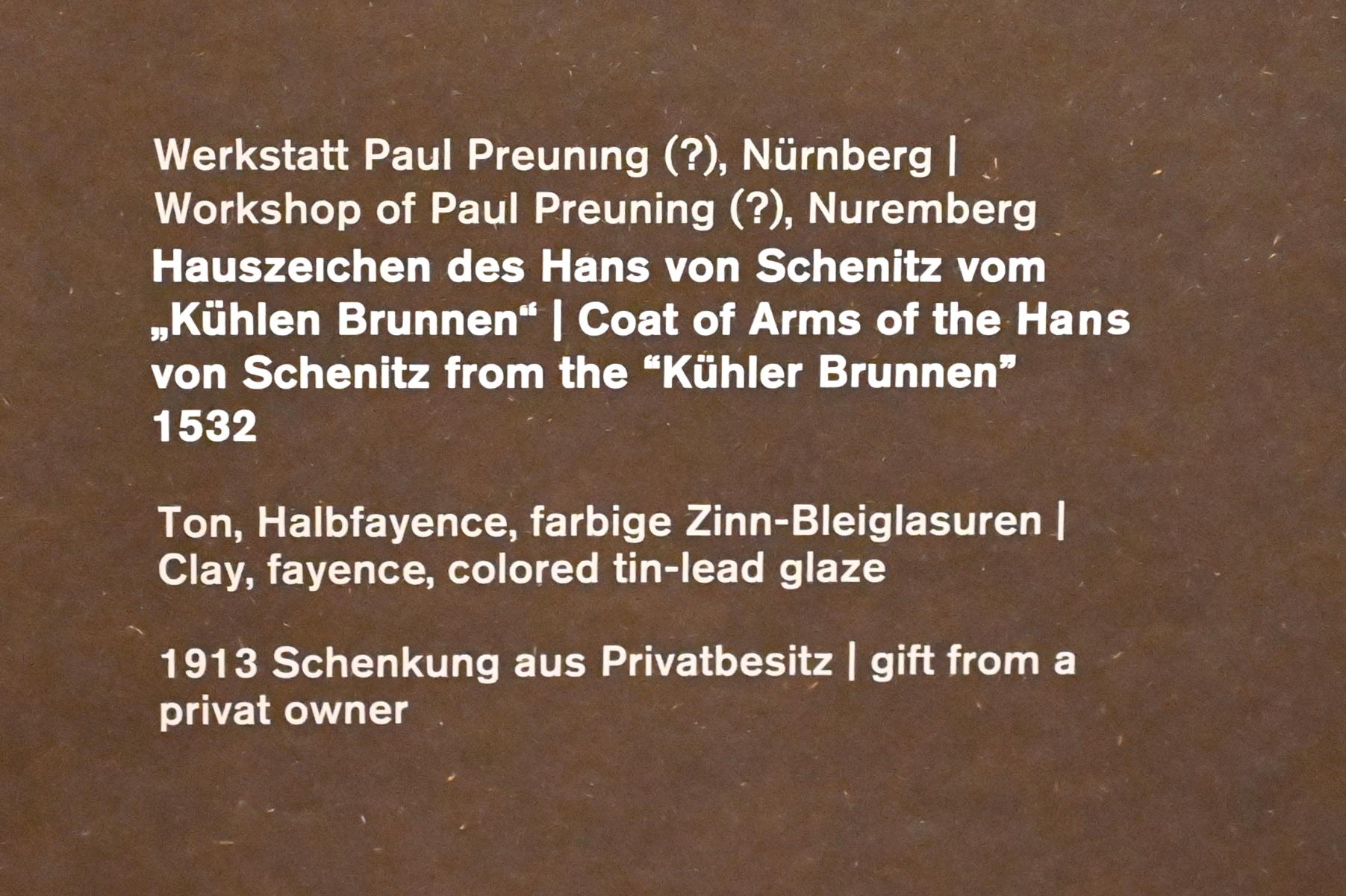 Paulus Preuning (Werkstatt) (1532–1550), Hauszeichen des Hans von Schenitz vom "Kühlen Brunnen", Halle (Saale), Kunstmuseum Moritzburg, Mittelalter Saal 1, 1532, Bild 2/2
