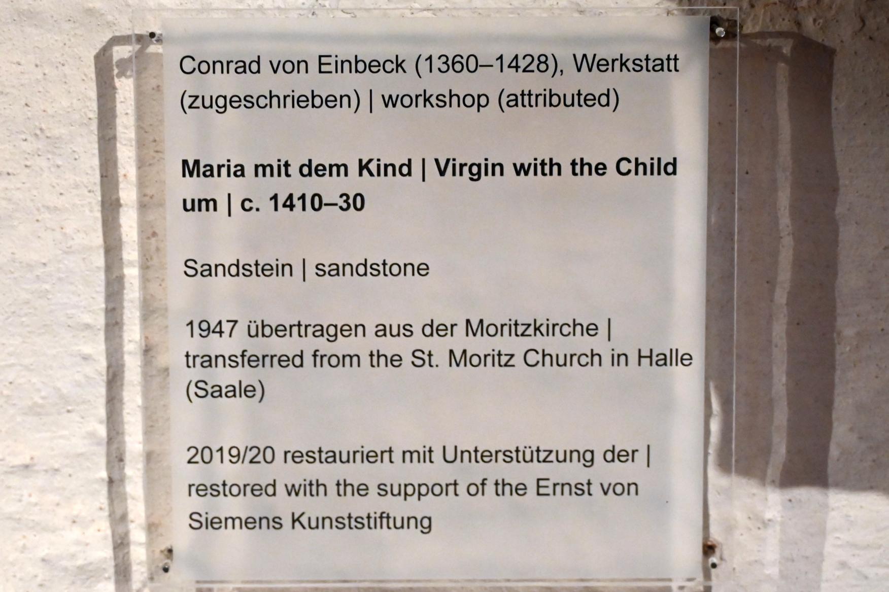 Conrad von Einbeck (Werkstatt) (1428), Maria mit dem Kind, Halle (Saale), Moritzkirche, jetzt Halle (Saale), Kunstmuseum Moritzburg, Mittelalter Saal 1, um 1410–1430, Bild 2/2