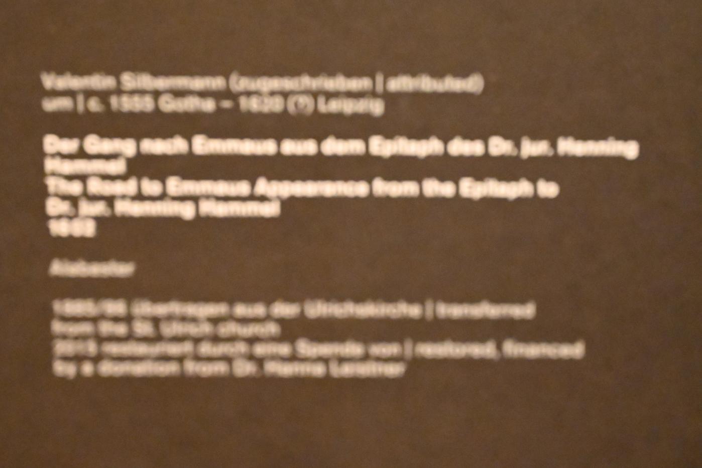 Valentin Silbermann (1602), Der Gang nach Emmaus aus dem Epitaph des Dr. jur. Henning Hammel, Halle (Saale), Kirche St. Ulrich, jetzt Halle (Saale), Kunstmuseum Moritzburg, Mittelalter Saal 1, 1602, Bild 2/2