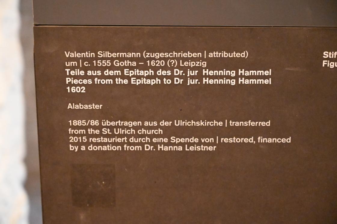 Valentin Silbermann (1602), Stifterfigur aus dem Epitaph des Dr. jur. Henning Hammel, Halle (Saale), Kirche St. Ulrich, jetzt Halle (Saale), Kunstmuseum Moritzburg, Mittelalter Saal 1, 1602, Bild 3/4