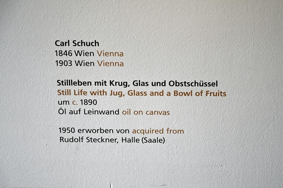 Carl Schuch (1876–1890), Stillleben mit Krug, Glas und Obstschüssel, Halle (Saale), Kunstmuseum Moritzburg, Alte Meister Saal 2, um 1890, Bild 2/2