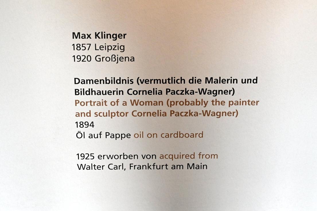 Max Klinger (1878–1915), Damenbildnis (vermutlich die Malerin und Bildhauerin Cornelia Paczka-Wagner), Halle (Saale), Kunstmuseum Moritzburg, Alte Meister Saal 1, 1894, Bild 2/2