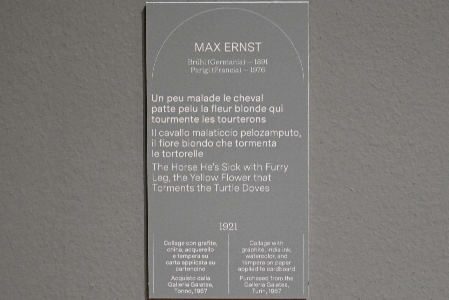 Max Ernst (1912–1970), Un peu malade le cheval patte pelu la fleur blonde qui tourmente les tourterons, Turin, Galleria civica d'arte moderna e contemporanea (GAM Torino), Saal 2, 1921, Bild 2/2