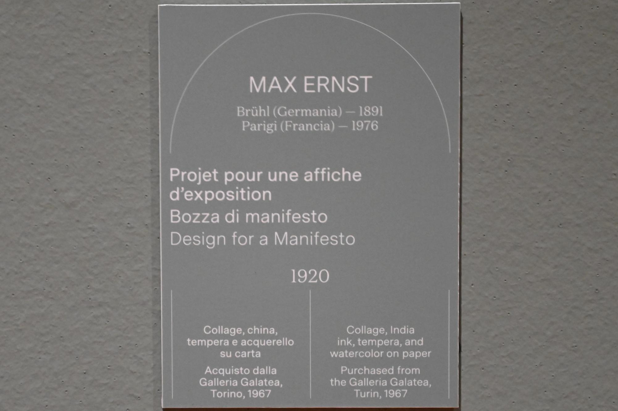 Max Ernst (1912–1970), Projekt für ein Ausstellungsplakat, Turin, Galleria civica d'arte moderna e contemporanea (GAM Torino), Saal 2, 1920, Bild 2/2