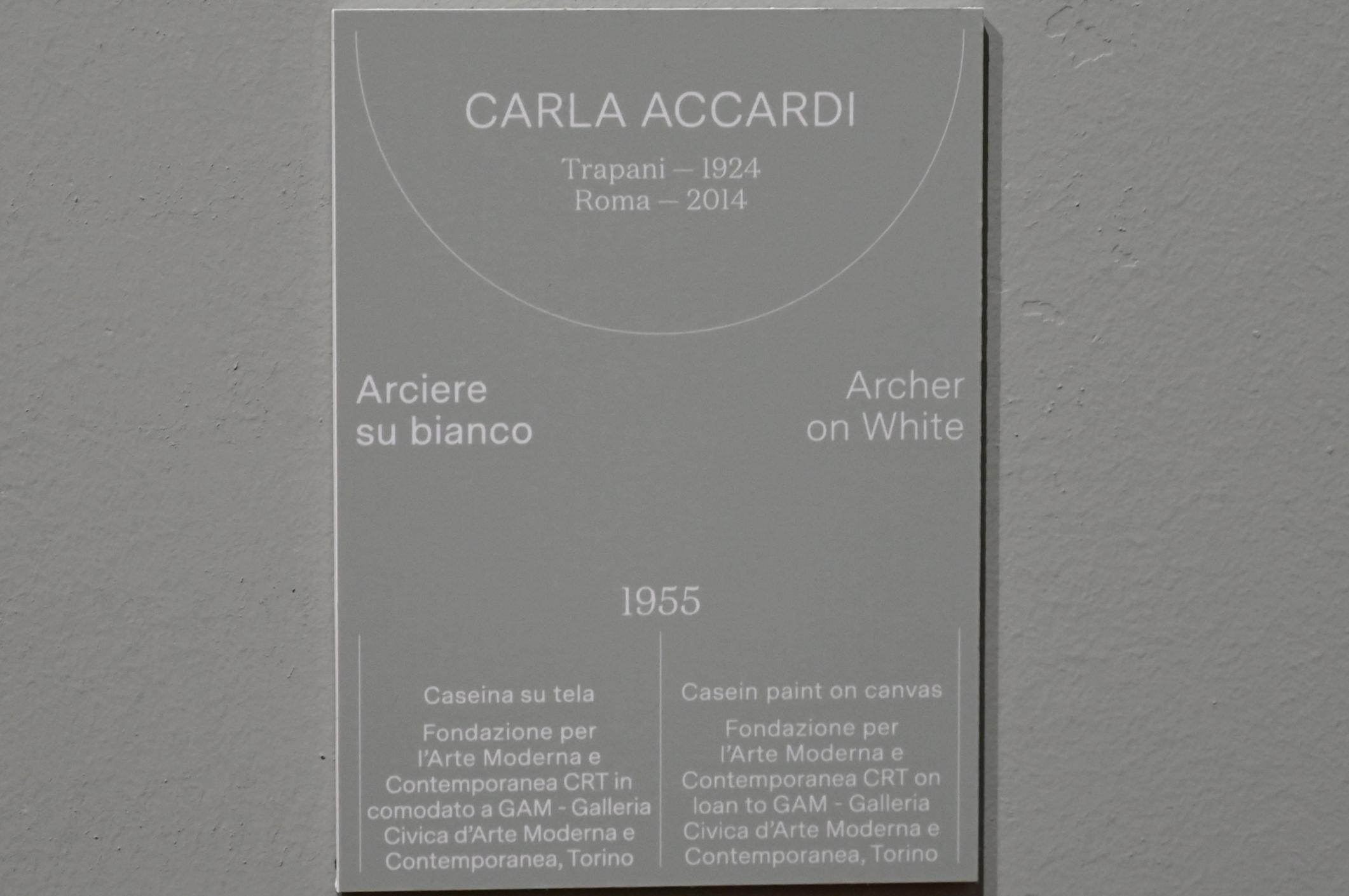 Carla Accardi (1955–1959), Bogenschütze auf Weiß, Turin, Galleria civica d'arte moderna e contemporanea (GAM Torino), Saal 12, 1955, Bild 2/2