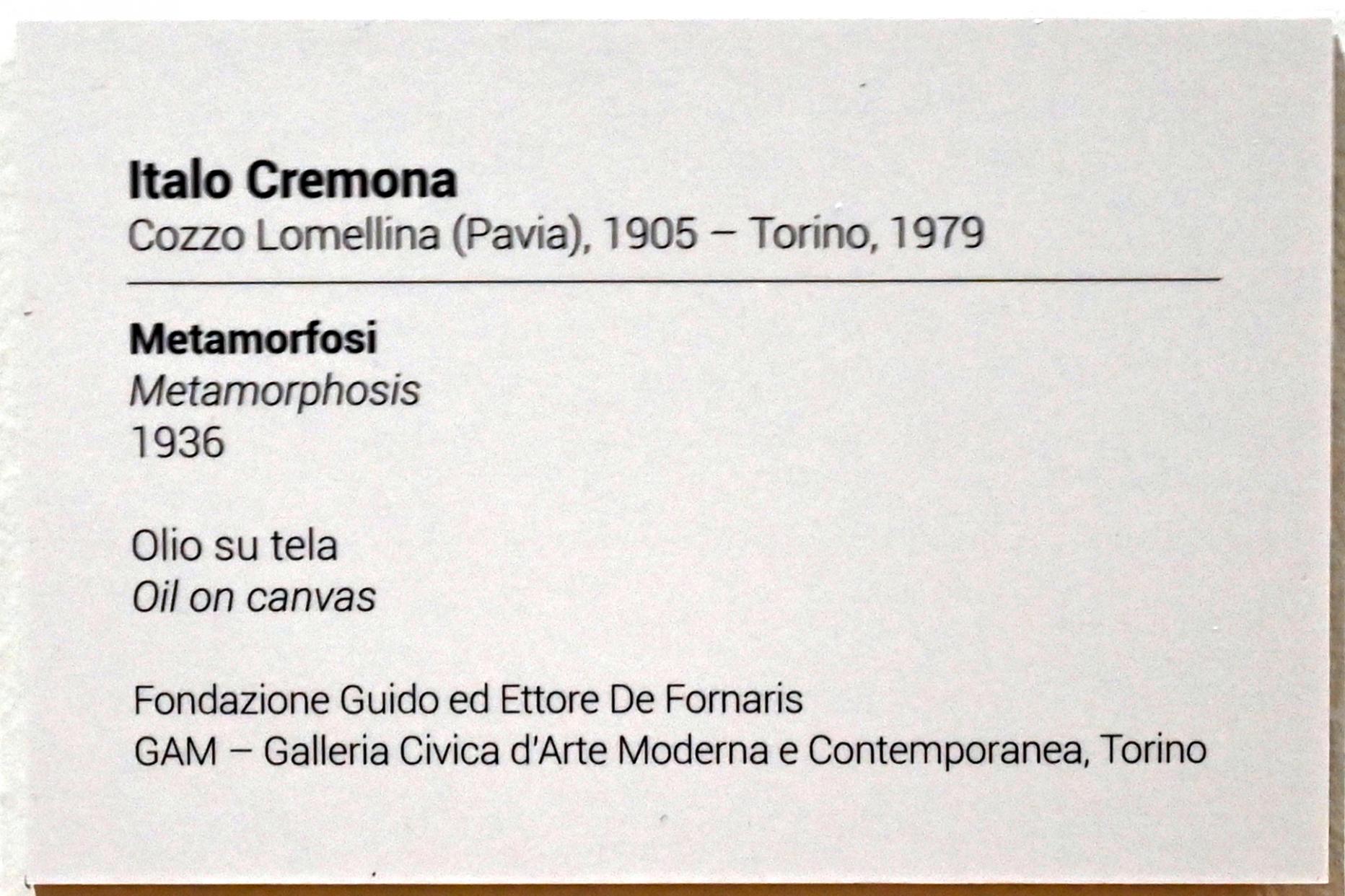 Italo Cremona (1936–1941), Metamorphose, Turin, GAM Torino, Ausstellung "Eine Reise gegen den Strom" vom 05.05.-12.09.2021, Saal 3, 1936, Bild 2/2