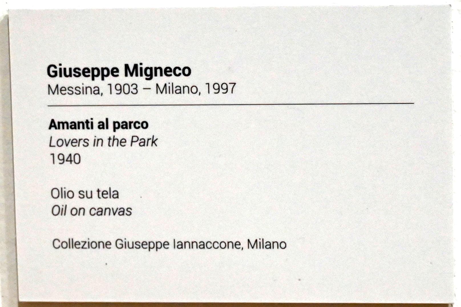 Giuseppe Migneco (1940–1941), Liebespaar im Park, Turin, GAM Torino, Ausstellung "Eine Reise gegen den Strom" vom 05.05.-12.09.2021, Saal 3, 1940, Bild 2/2