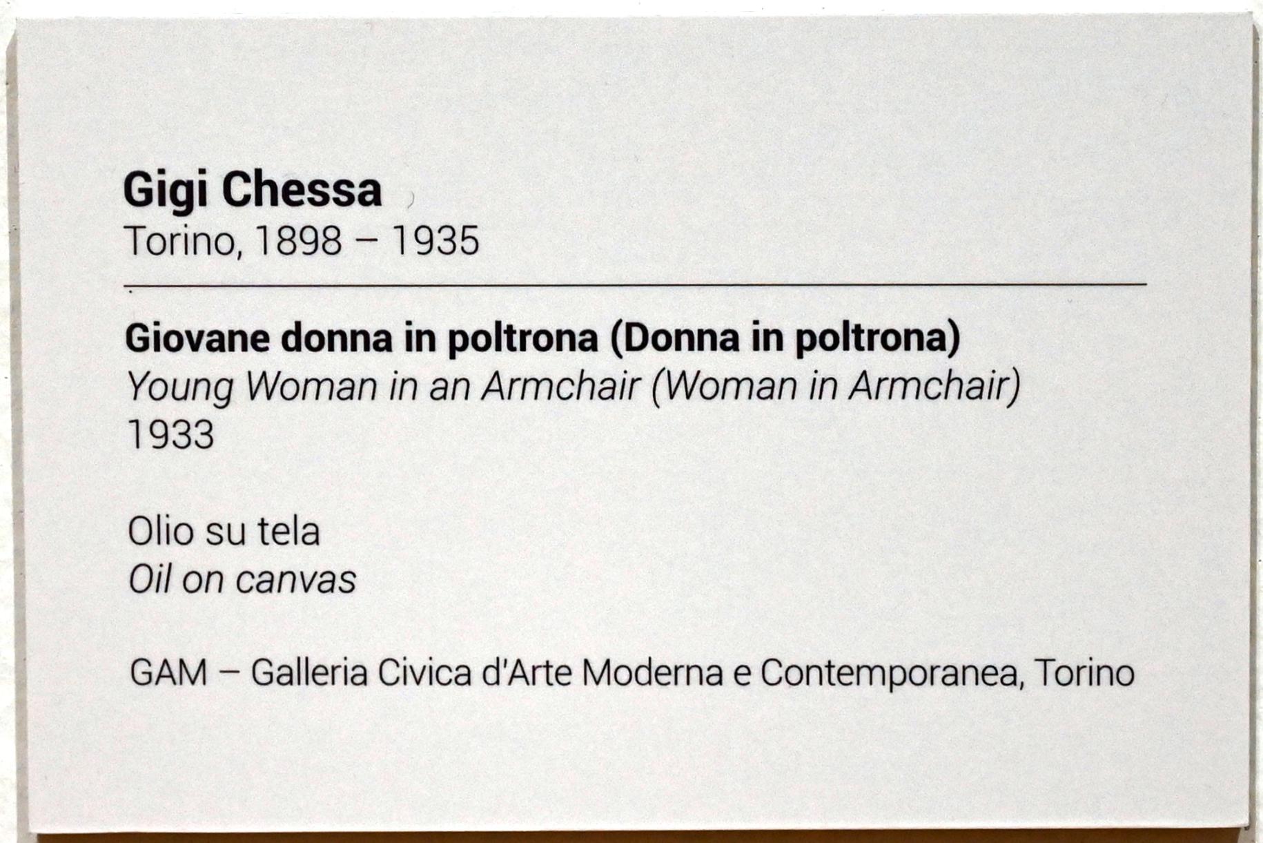 Gigi Chessa (1928–1934), Junge Frau im Lehnstuhl, Turin, GAM Torino, Ausstellung "Eine Reise gegen den Strom" vom 05.05.-12.09.2021, Saal 3, 1933, Bild 2/2