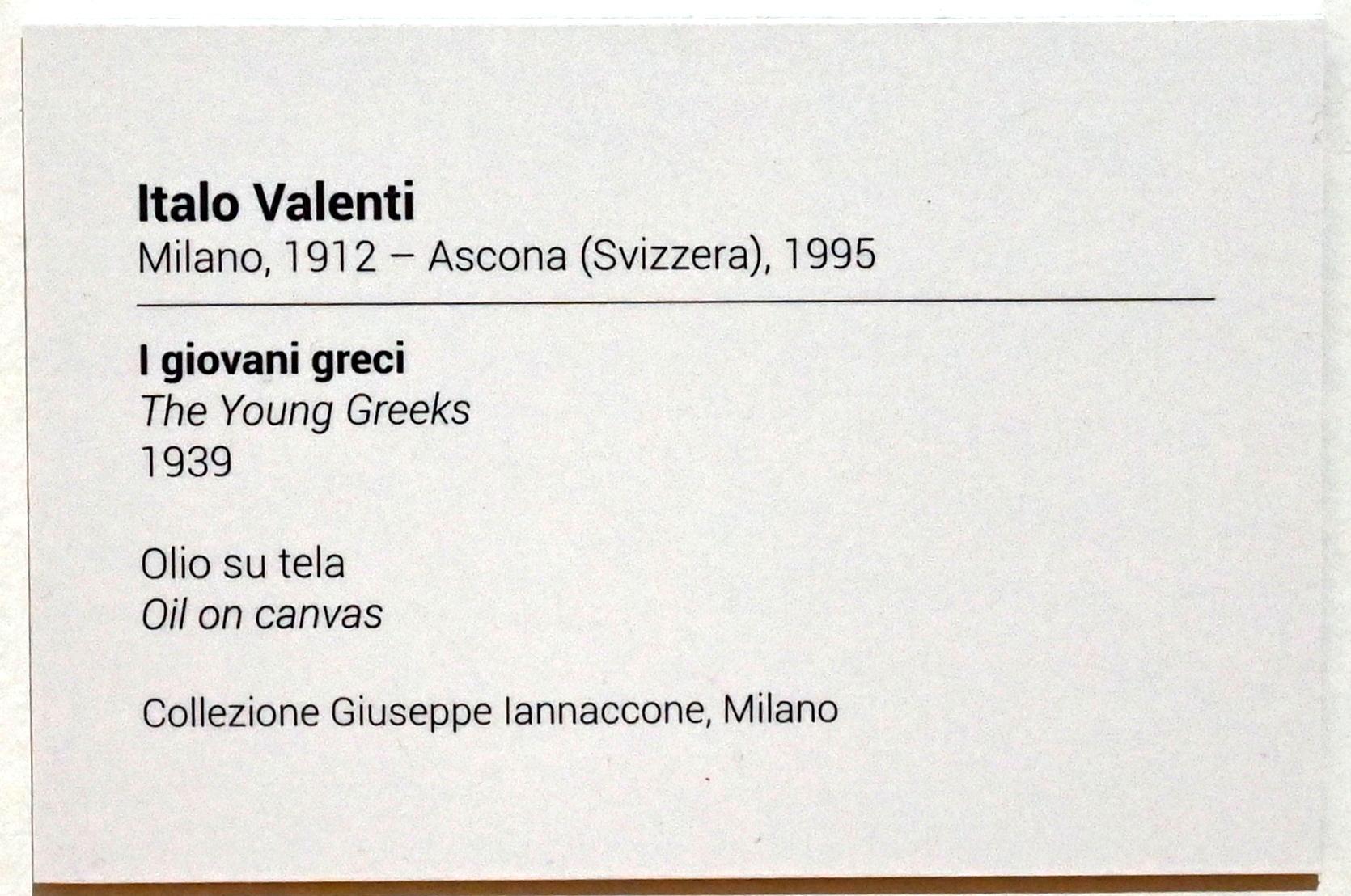 Italo Valenti (1939), Die jungen Griechen, Turin, GAM Torino, Ausstellung "Eine Reise gegen den Strom" vom 05.05.-12.09.2021, Saal 3, 1939, Bild 2/2
