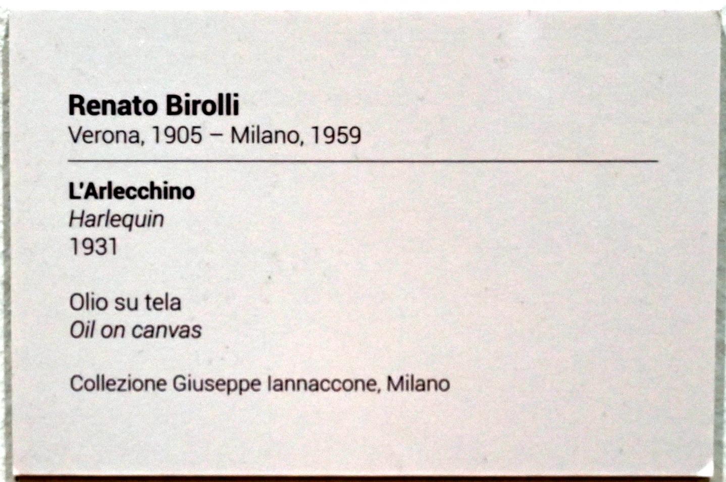 Renato Birolli (1931–1955), Harlekin, Turin, GAM Torino, Ausstellung "Eine Reise gegen den Strom" vom 05.05.-12.09.2021, Saal 4, 1931, Bild 2/2