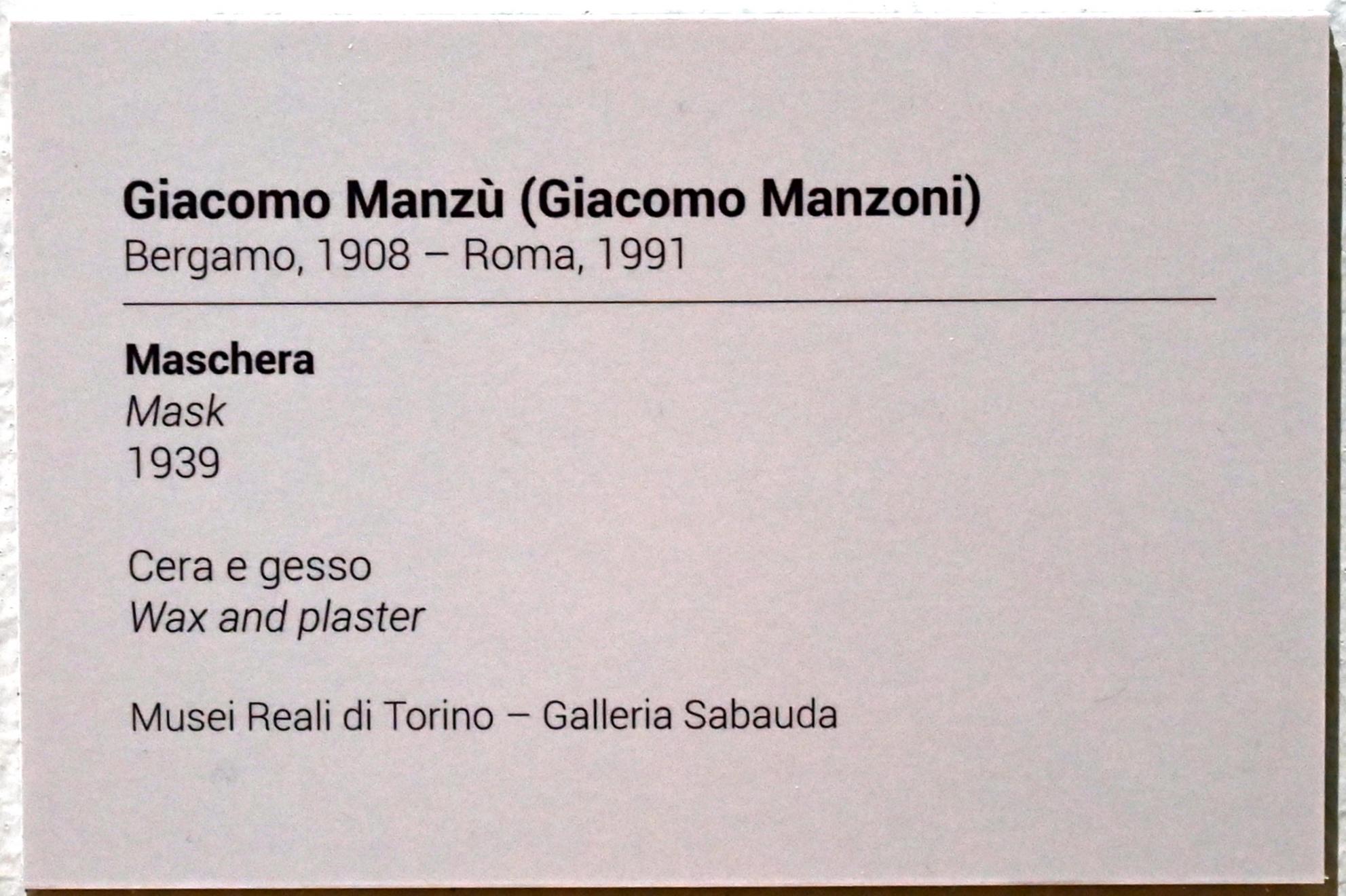 Giacomo Manzù (1938–1948), Maske, Turin, GAM Torino, Ausstellung "Eine Reise gegen den Strom" vom 05.05.-12.09.2021, Saal 4, 1939, Bild 3/3