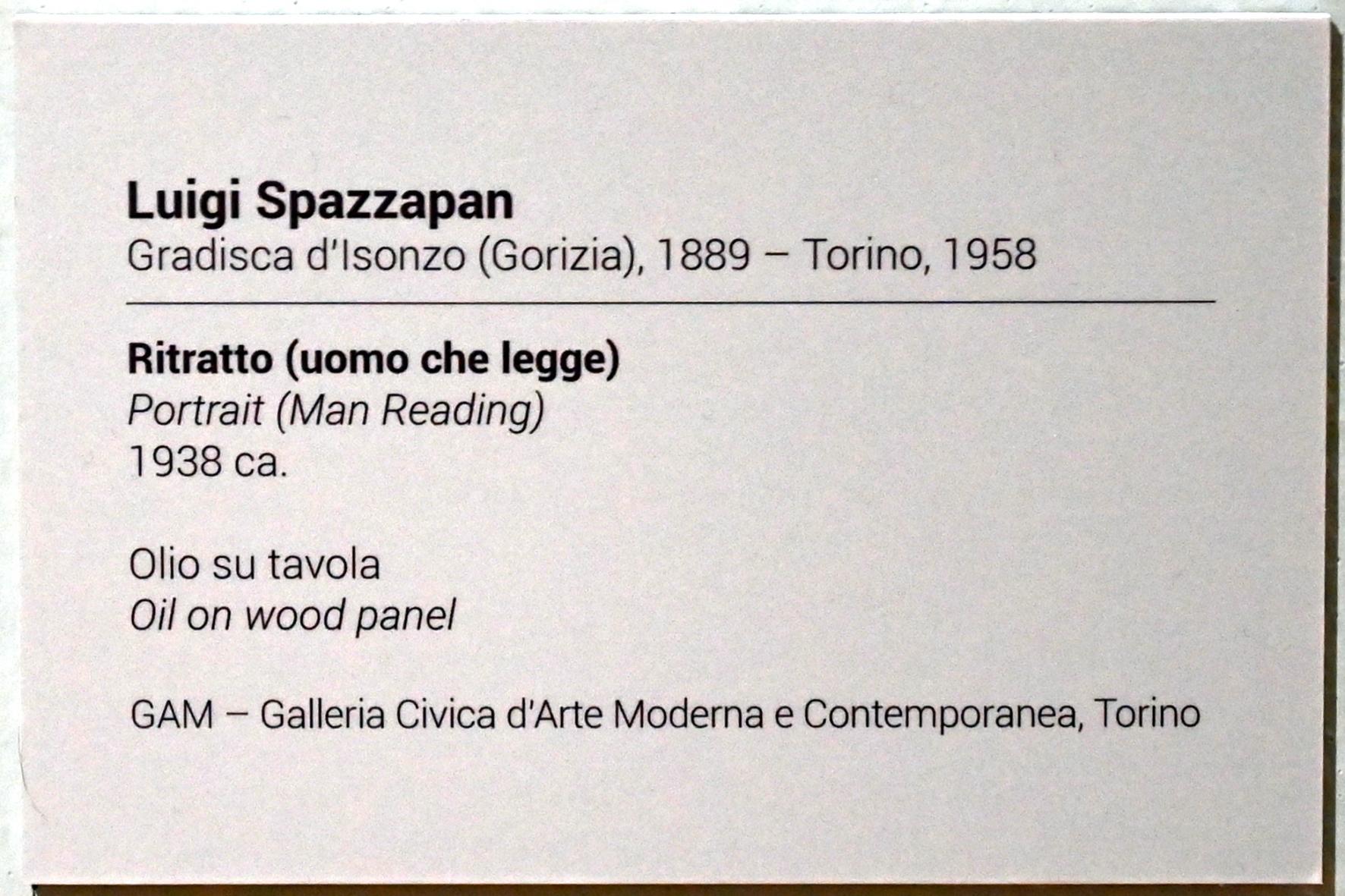 Luigi Spazzapan (1933–1947), Porträt (Lesender Mann), Turin, GAM Torino, Ausstellung "Eine Reise gegen den Strom" vom 05.05.-12.09.2021, Saal 4, um 1938, Bild 2/2