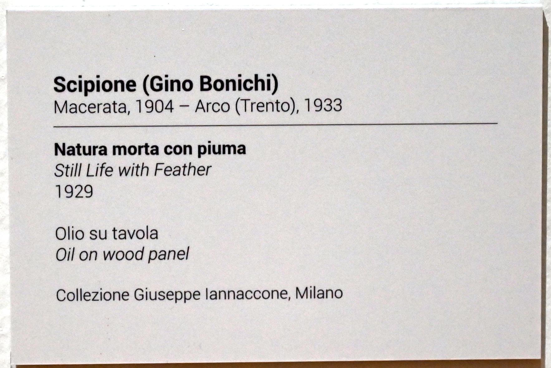Scipione  (Gino Bonichi) (1929–1930), Stillleben mit Feder, Turin, GAM Torino, Ausstellung "Eine Reise gegen den Strom" vom 05.05.-12.09.2021, Saal 5, 1929, Bild 2/2