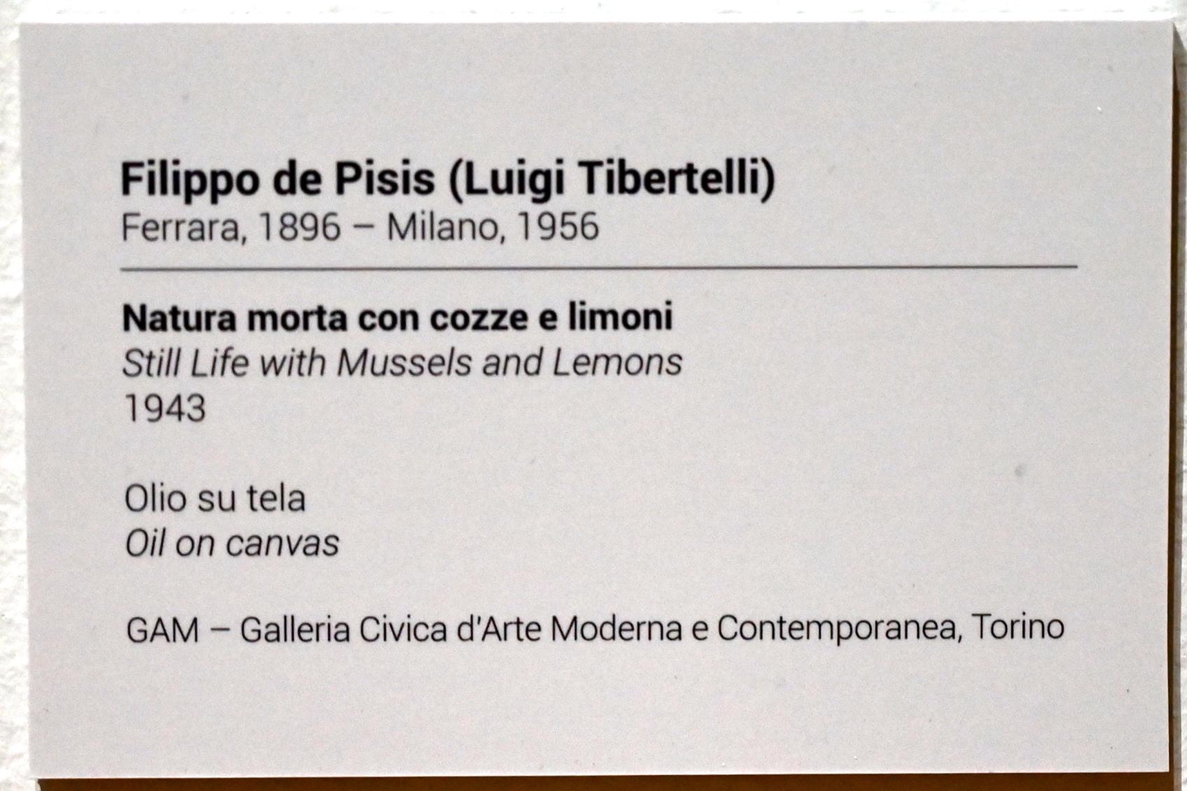 Filippo De Pisis (1923–1946), Stillleben mit Muscheln und Zitronen, Turin, GAM Torino, Ausstellung "Eine Reise gegen den Strom" vom 05.05.-12.09.2021, Saal 6, 1943, Bild 2/2
