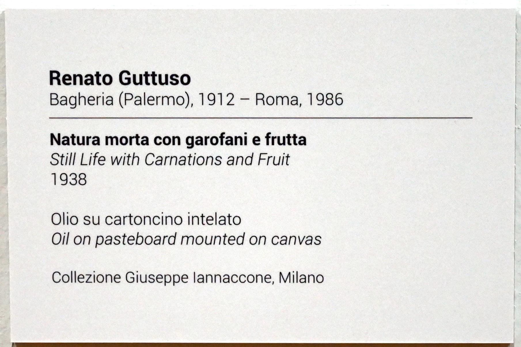 Renato Guttuso (1938–1976), Stillleben mit Nelken und Obst, Turin, GAM Torino, Ausstellung "Eine Reise gegen den Strom" vom 05.05.-12.09.2021, Saal 6, 1938, Bild 2/2