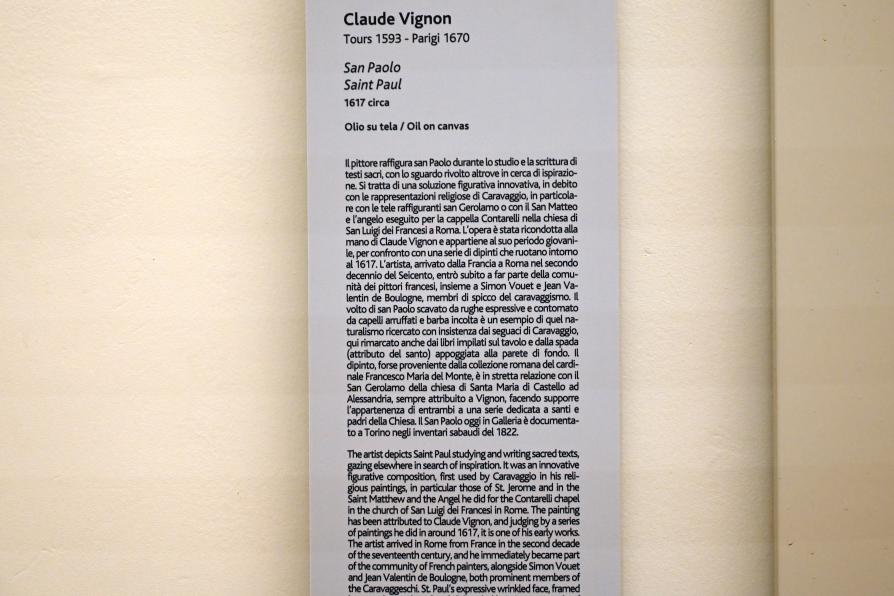 Claude Vignon (1617–1624), Heiliger Paulus, Turin, Galleria Sabauda, Saal 18, um 1617, Bild 2/2