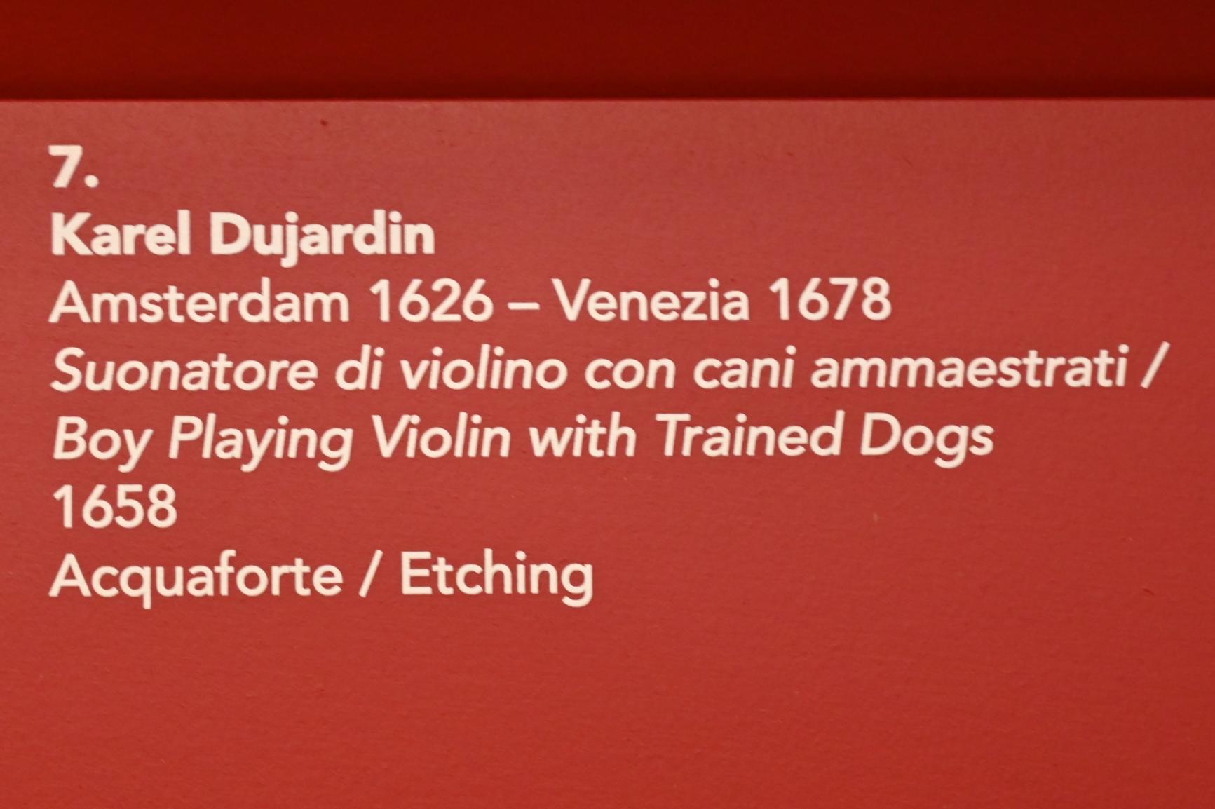 Karel Dujardin (1652–1678), Junge spielt Flöte mit dressierten Hunden, Turin, Galleria Sabauda, Saal 18, 1658, Bild 2/2