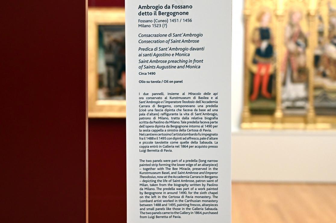 Ambrogio da Fossano (Bergognone) (1490–1516), Der Heilige Ambrosius predigt vor den Heiligen Augustinus und Monika, Turin, Galleria Sabauda, Saal 10, um 1490, Bild 2/2