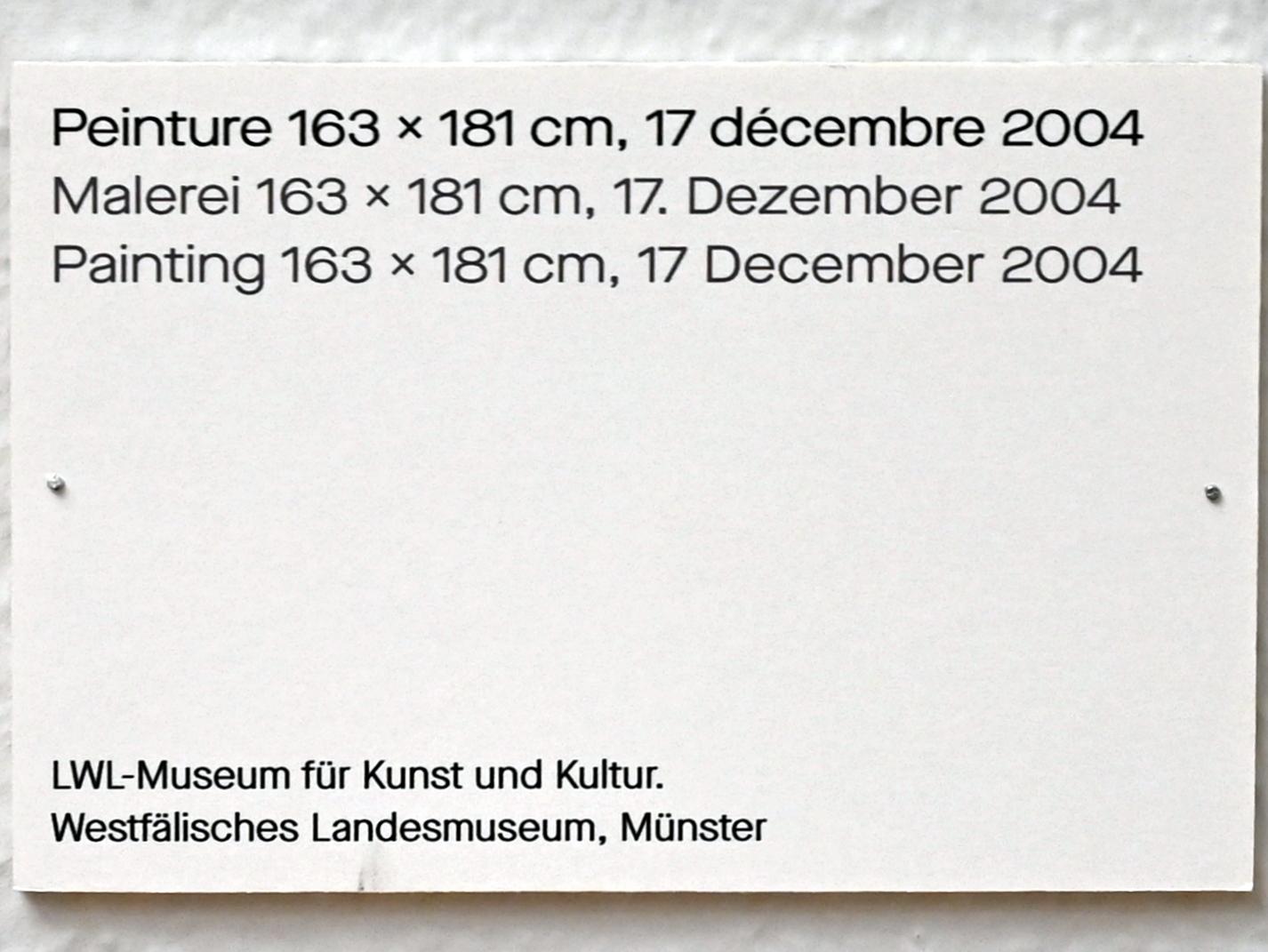 Pierre Soulages (1946–2019), Malerei 163 x 181 cm, 17. Dezember 2004, Chemnitz, Kunstsammlungen am Theaterplatz, Ausstellung "Soulages" vom 28.03.-25.07.2021, Saal 1, 2004, Bild 4/4