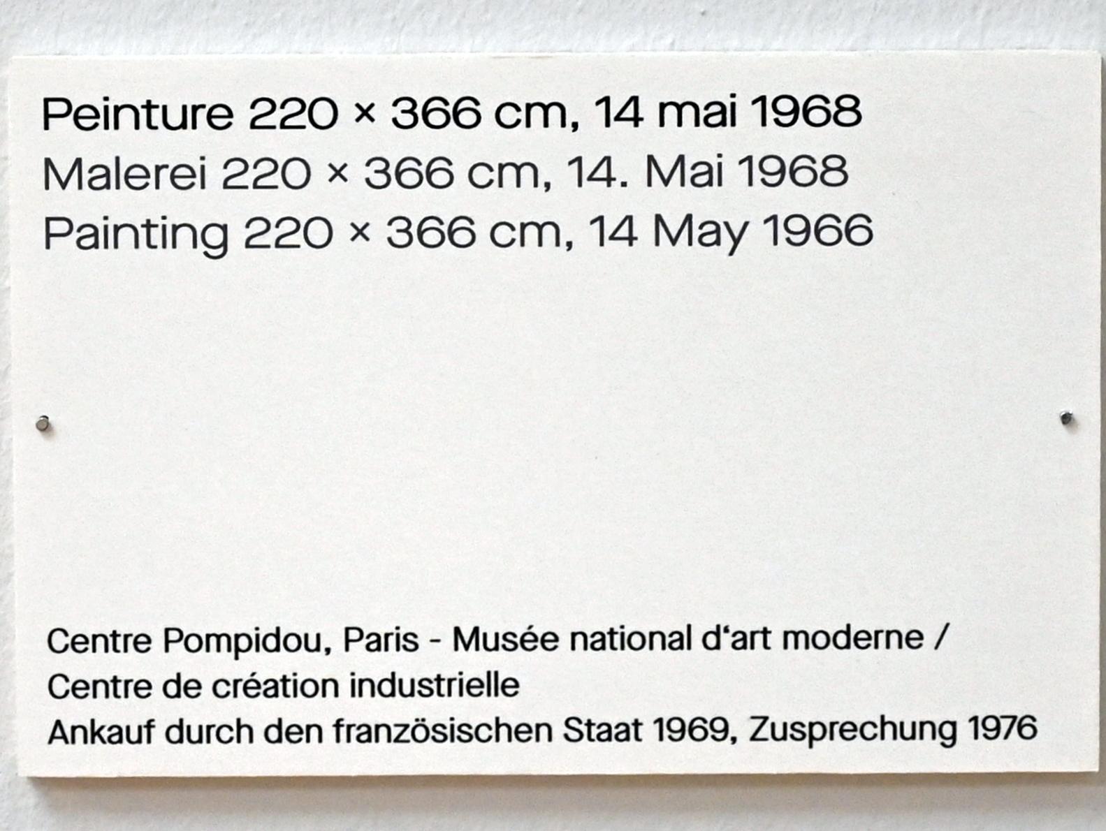 Pierre Soulages (1946–2019), Malerei 220 x 366 cm, 14. Mai 1968, Chemnitz, Kunstsammlungen am Theaterplatz, Ausstellung "Soulages" vom 28.03.-25.07.2021, Saal 2, 1968, Bild 2/2