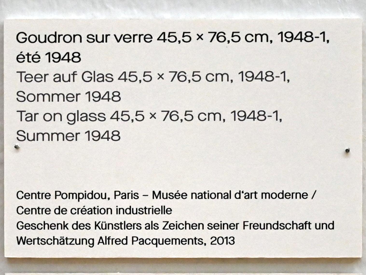 Pierre Soulages (1946–2019), Teer auf Glas 45,5 x 76,5 cm, 1948-1, Chemnitz, Kunstsammlungen am Theaterplatz, Ausstellung "Soulages" vom 28.03.-25.07.2021, Saal 3, 1948, Bild 2/2