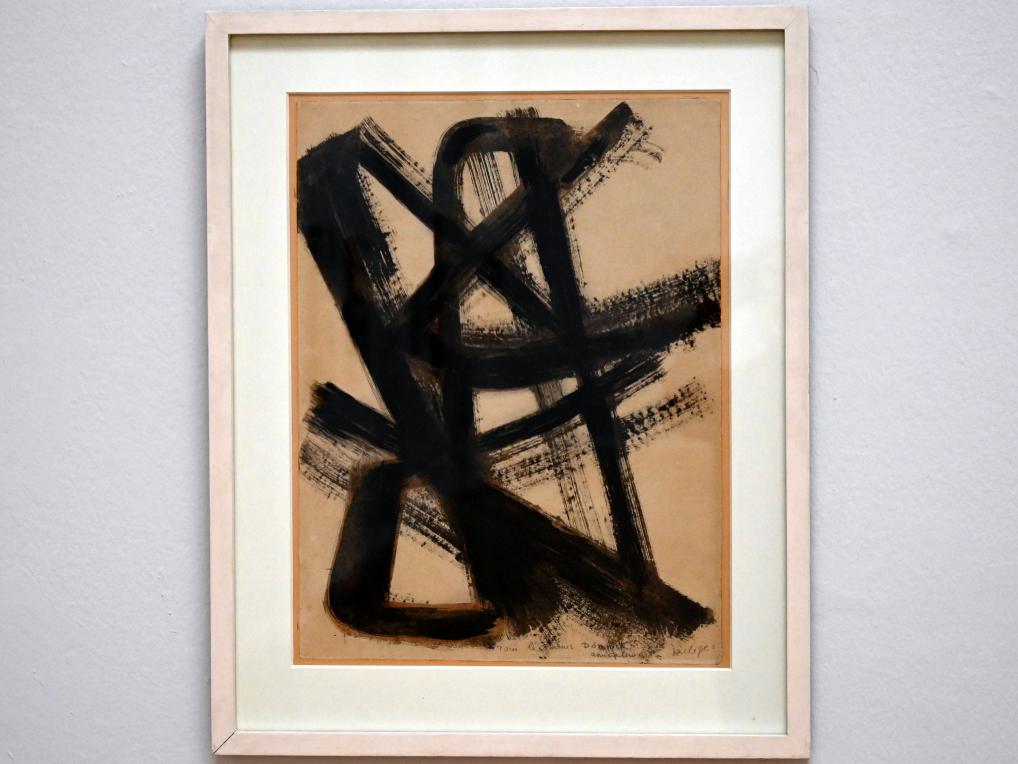 Pierre Soulages (1946–2019), Nussbeize auf Papier 65 x 50 cm, 1947-4, Chemnitz, Kunstsammlungen am Theaterplatz, Ausstellung "Soulages" vom 28.03.-25.07.2021, Saal 4, 1947, Bild 1/2