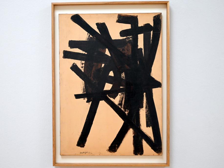 Pierre Soulages (1946–2019), Nussbeize auf Papier 106,5 x 77 cm, 1952, Chemnitz, Kunstsammlungen am Theaterplatz, Ausstellung "Soulages" vom 28.03.-25.07.2021, Saal 4, 1952, Bild 1/2