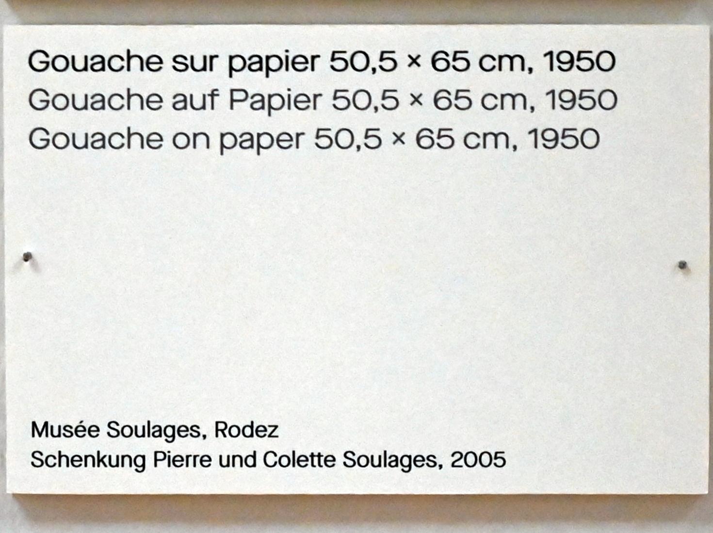 Pierre Soulages (1946–2019), Gouache auf Papier 50,5 x 65 cm, 1950, Chemnitz, Kunstsammlungen am Theaterplatz, Ausstellung "Soulages" vom 28.03.-25.07.2021, Saal 4, 1950, Bild 2/2