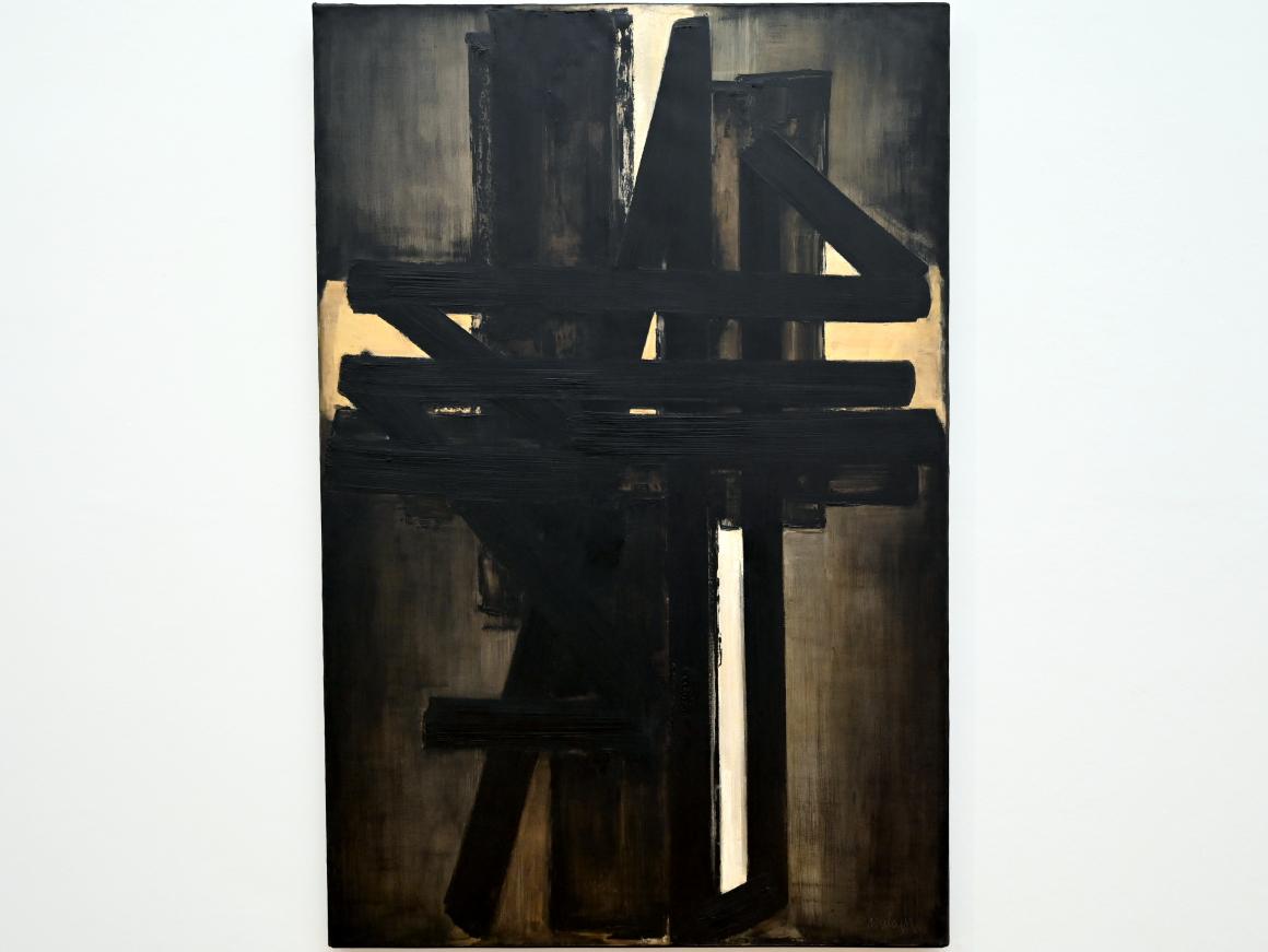 Pierre Soulages (1946–2019), Malerei 195 x 130 cm, 2. Juni 1953, Chemnitz, Kunstsammlungen am Theaterplatz, Ausstellung "Soulages" vom 28.03.-25.07.2021, Saal 5, 1953, Bild 1/2