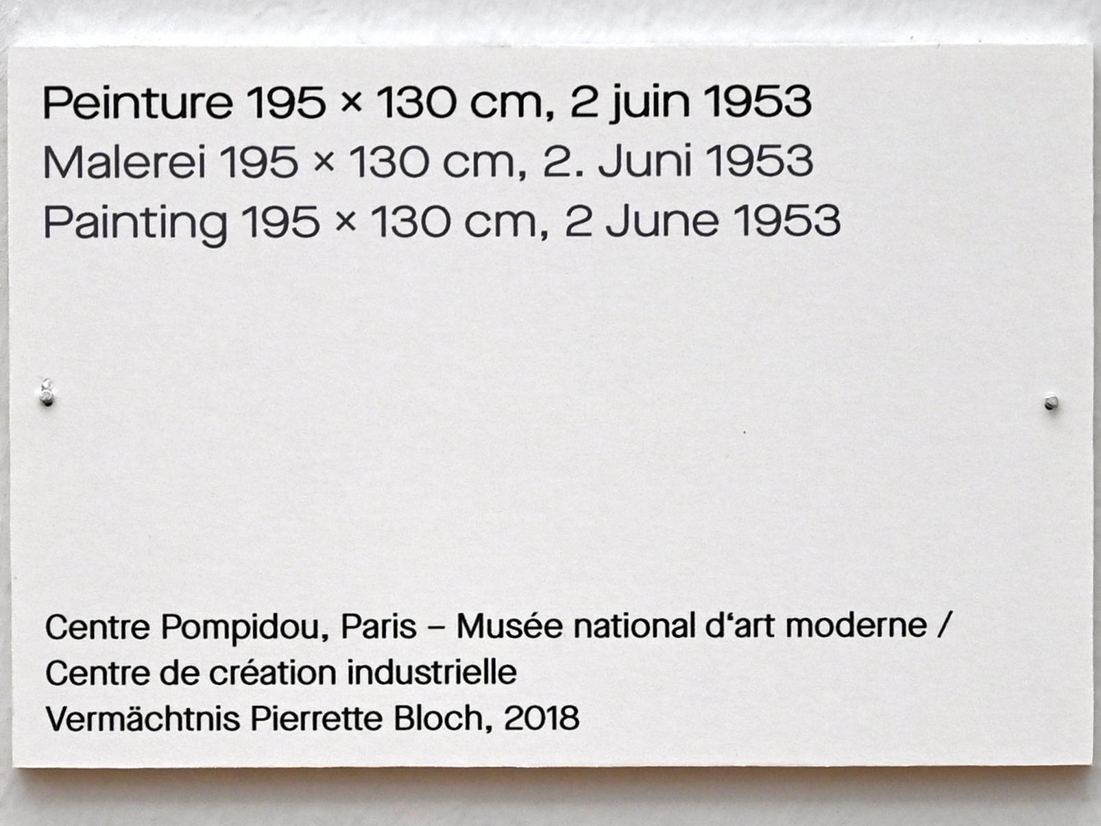 Pierre Soulages (1946–2019), Malerei 195 x 130 cm, 2. Juni 1953, Chemnitz, Kunstsammlungen am Theaterplatz, Ausstellung "Soulages" vom 28.03.-25.07.2021, Saal 5, 1953, Bild 2/2