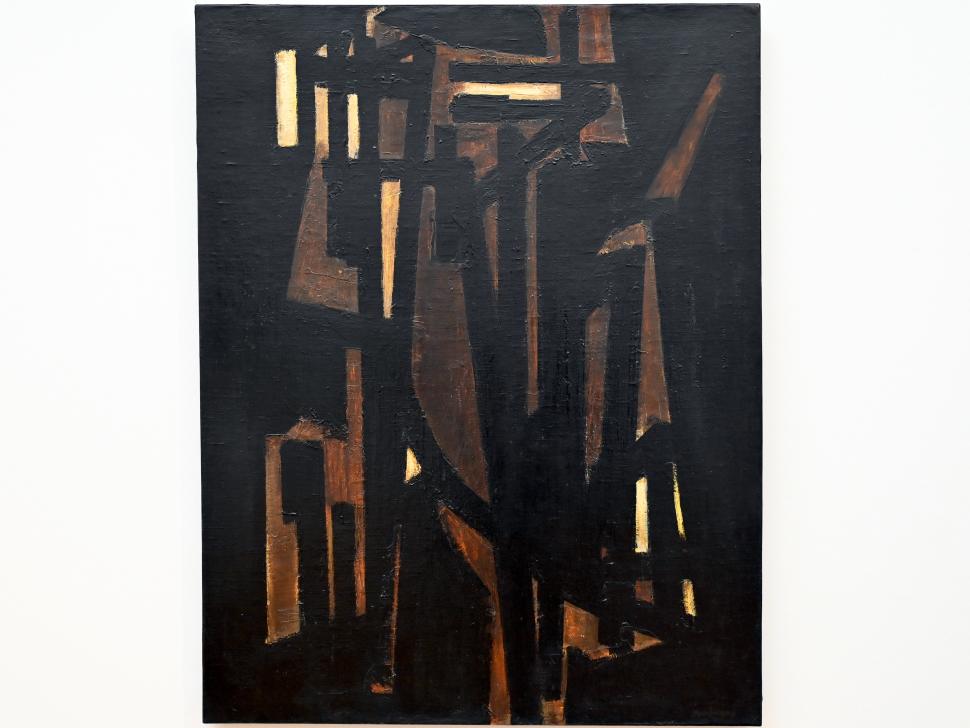 Pierre Soulages (1946–2019), Malerei 146 x 114 cm, 1950, Chemnitz, Kunstsammlungen am Theaterplatz, Ausstellung "Soulages" vom 28.03.-25.07.2021, Saal 5, 1950, Bild 1/2