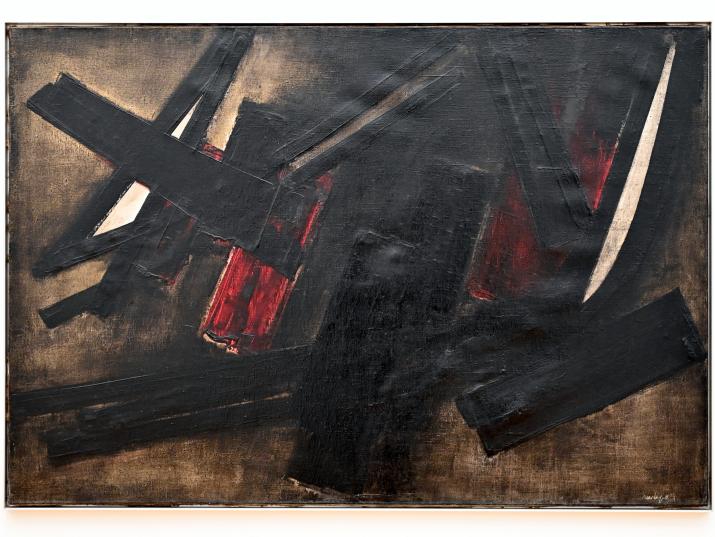Pierre Soulages (1946–2019), Malerei 89 x 130 cm, 23. März 1952, Chemnitz, Kunstsammlungen am Theaterplatz, Ausstellung "Soulages" vom 28.03.-25.07.2021, Saal 5, 1952, Bild 1/2