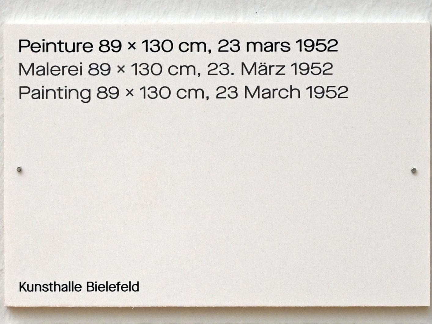 Pierre Soulages (1946–2019), Malerei 89 x 130 cm, 23. März 1952, Chemnitz, Kunstsammlungen am Theaterplatz, Ausstellung "Soulages" vom 28.03.-25.07.2021, Saal 5, 1952, Bild 2/2