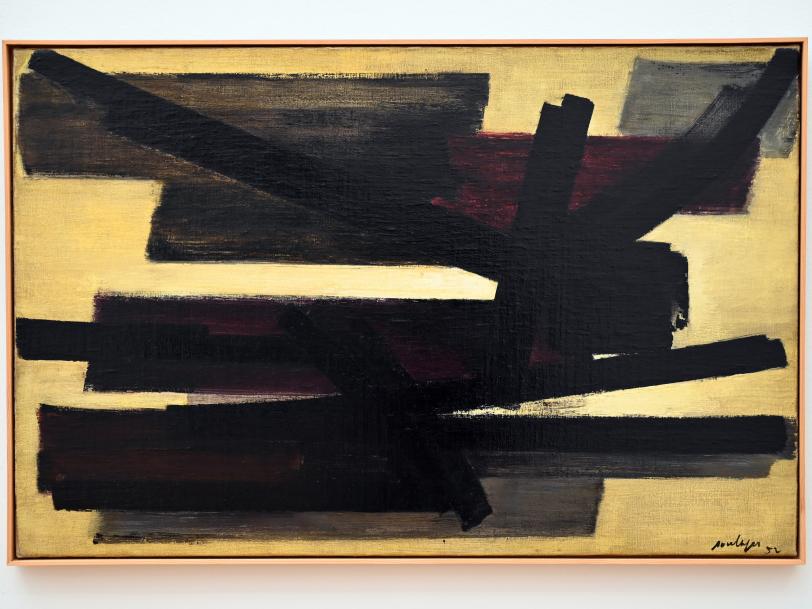 Pierre Soulages (1946–2019), Malerei 65 x 100 cm, 17. Juli 1952, Chemnitz, Kunstsammlungen am Theaterplatz, Ausstellung "Soulages" vom 28.03.-25.07.2021, Saal 5, 1952, Bild 1/2