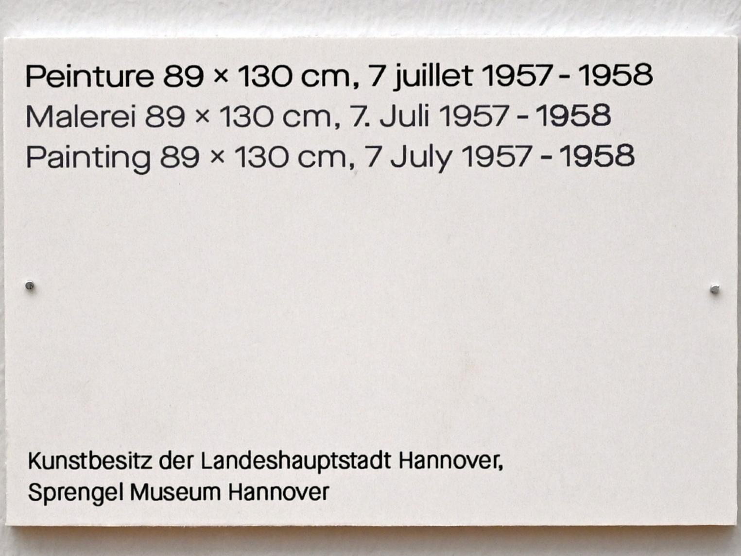 Pierre Soulages (1946–2019), Malerei 89 x 130 cm, 7. Juli 1957 - 1958, Chemnitz, Kunstsammlungen am Theaterplatz, Ausstellung "Soulages" vom 28.03.-25.07.2021, Saal 6, 1957–1958, Bild 2/2