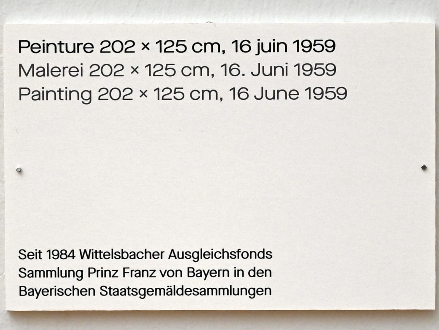 Pierre Soulages (1946–2019), Malerei 202 x 125 cm, 16. Juni 1959, Chemnitz, Kunstsammlungen am Theaterplatz, Ausstellung "Soulages" vom 28.03.-25.07.2021, Saal 6, 1959, Bild 2/2