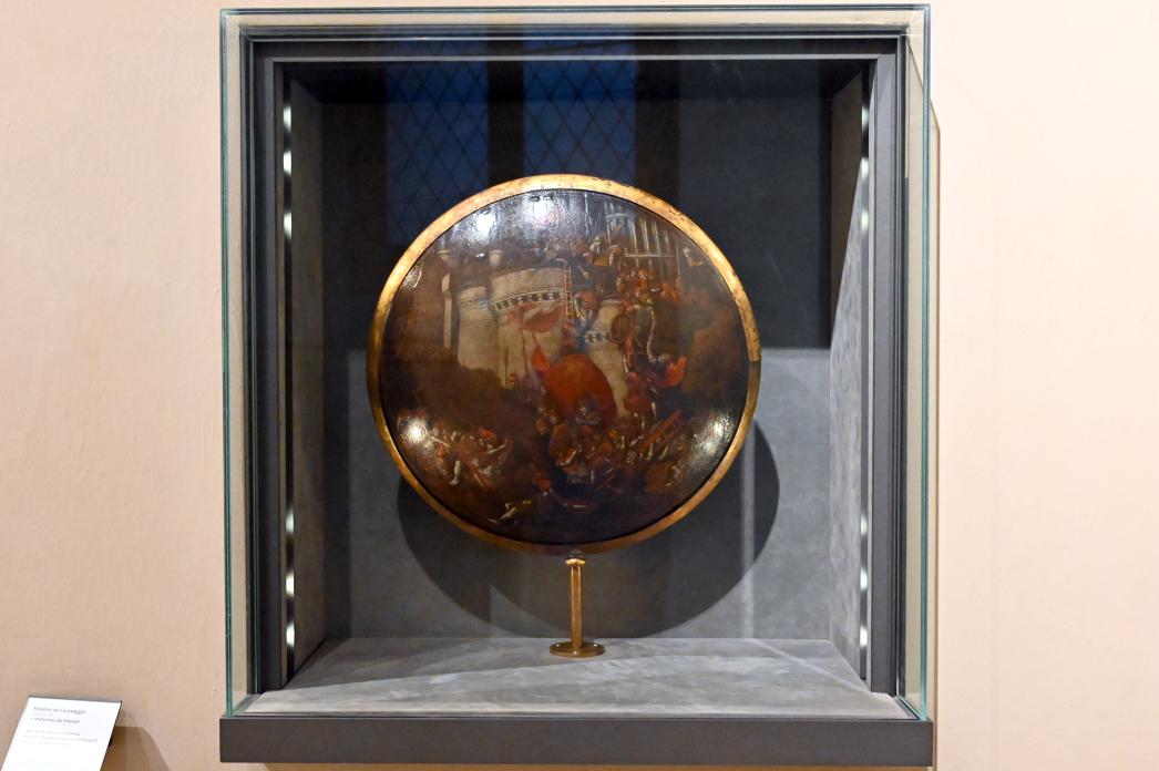 Polidoro da Caravaggio (Polidoro Caldara) (1532–1543), Paradeschild mit der Einnahme einer Stadt (Eroberung von Pesaro?), Turin, Museo civico d'arte antica, Saal 3, 2. Viertel 16. Jhd., Bild 2/3