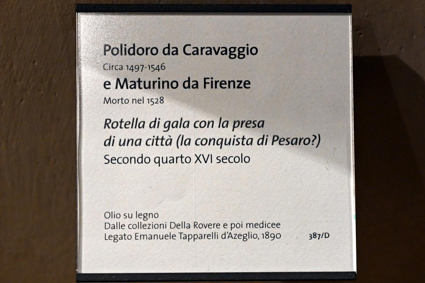 Polidoro da Caravaggio (Polidoro Caldara) (1532–1543), Paradeschild mit der Einnahme einer Stadt (Eroberung von Pesaro?), Turin, Museo civico d'arte antica, Saal 3, 2. Viertel 16. Jhd., Bild 3/3