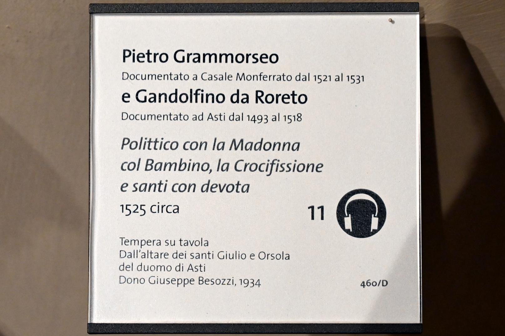 Pietro Grammorseo (1525), Polyptychon mit Maria mit dem Kind, der Kreuzigung und Heiligen mit Stiftern, Turin, Museo civico d'arte antica, Saal 5, um 1525, Bild 4/4