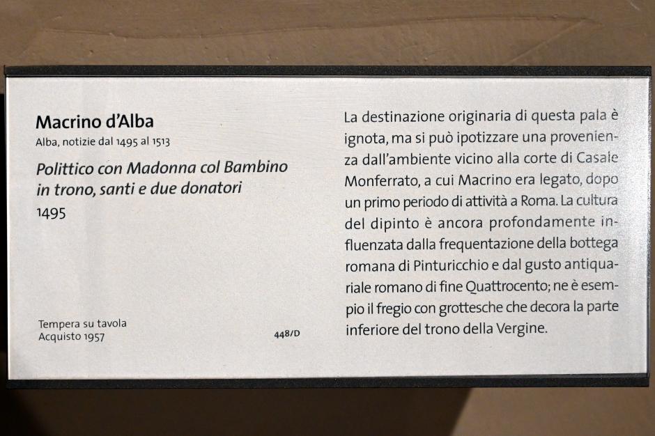 Macrino d'Alba (Gian Giacomo de Alladio) (1450–1495), Polyptychon mit der Thronenden Maria mit Kind, Heiligen und zwei Stiftern, Turin, Museo civico d'arte antica, Saal 6, 1495, Bild 2/2