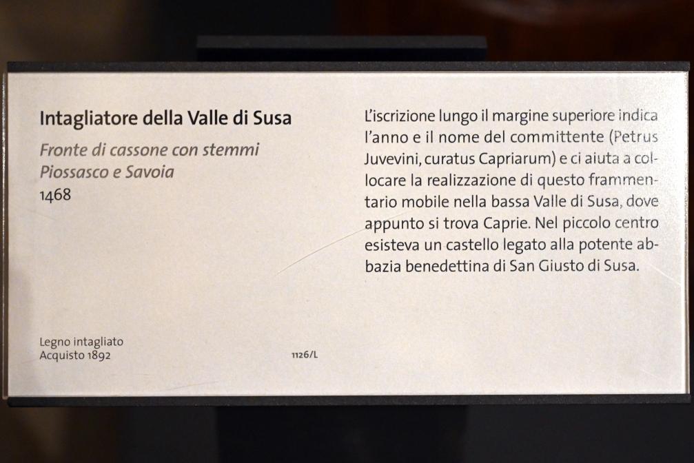 Vorderteil einer Truhe mit Wappen von Piossasco und Savoyen, Turin, Museo civico d'arte antica, Saal 8, 1468, Bild 2/2