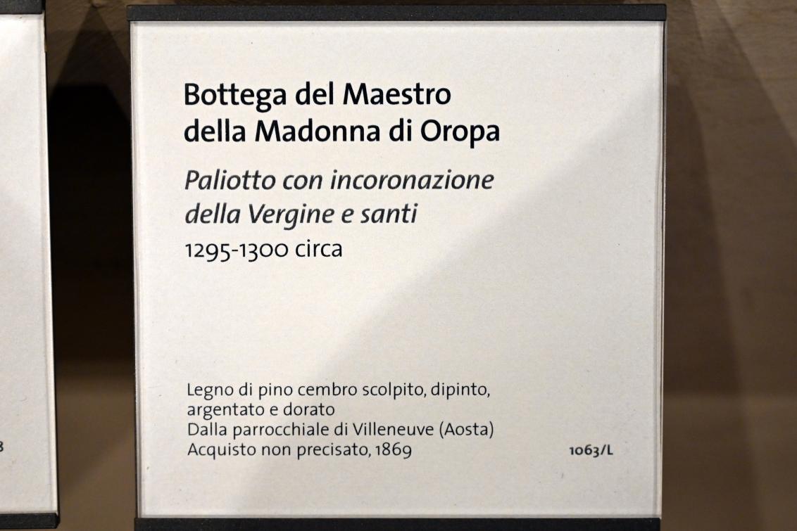 Meister der Madonna von Oropa (Werkstatt) (1290–1305), Antependium mit der Marienkrönung und Heiligen, Villeneuve (Aostatal), Chiesa antica di Santa Maria Assunta, jetzt Turin, Museo civico d'arte antica, Saal 8, um 1295–1300, Bild 2/2