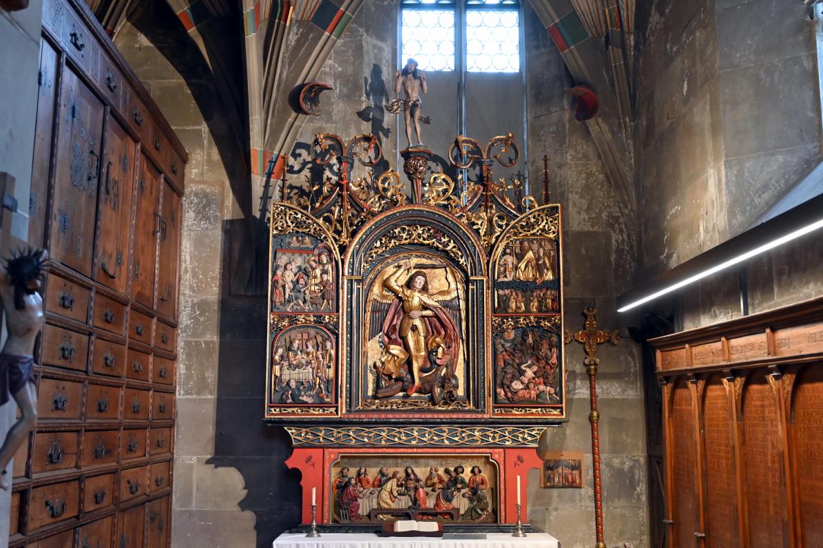 Hans Beuscher (1519), Heiliger Michael im Schrein des Michaelaltars, Schwäbisch Hall, evangelische Stadtpfarrkirche St. Michael, vor 1520, Bild 3/4