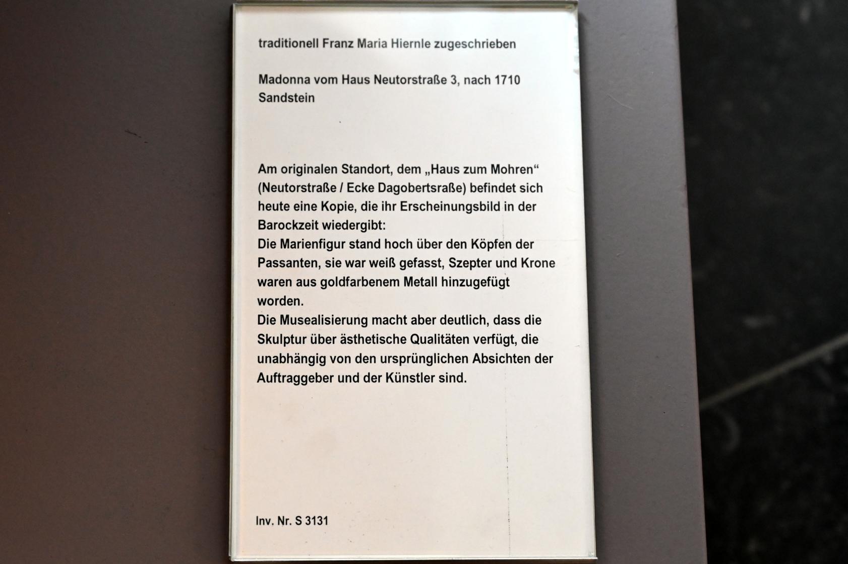 Franz Matthias Hiernle (1711), Mondsichelmadonna, Mainz, Haus zum Mohren, Neutorstraße 3, jetzt Mainz, Landesmuseum, Eingangshalle, nach 1710, Bild 2/2
