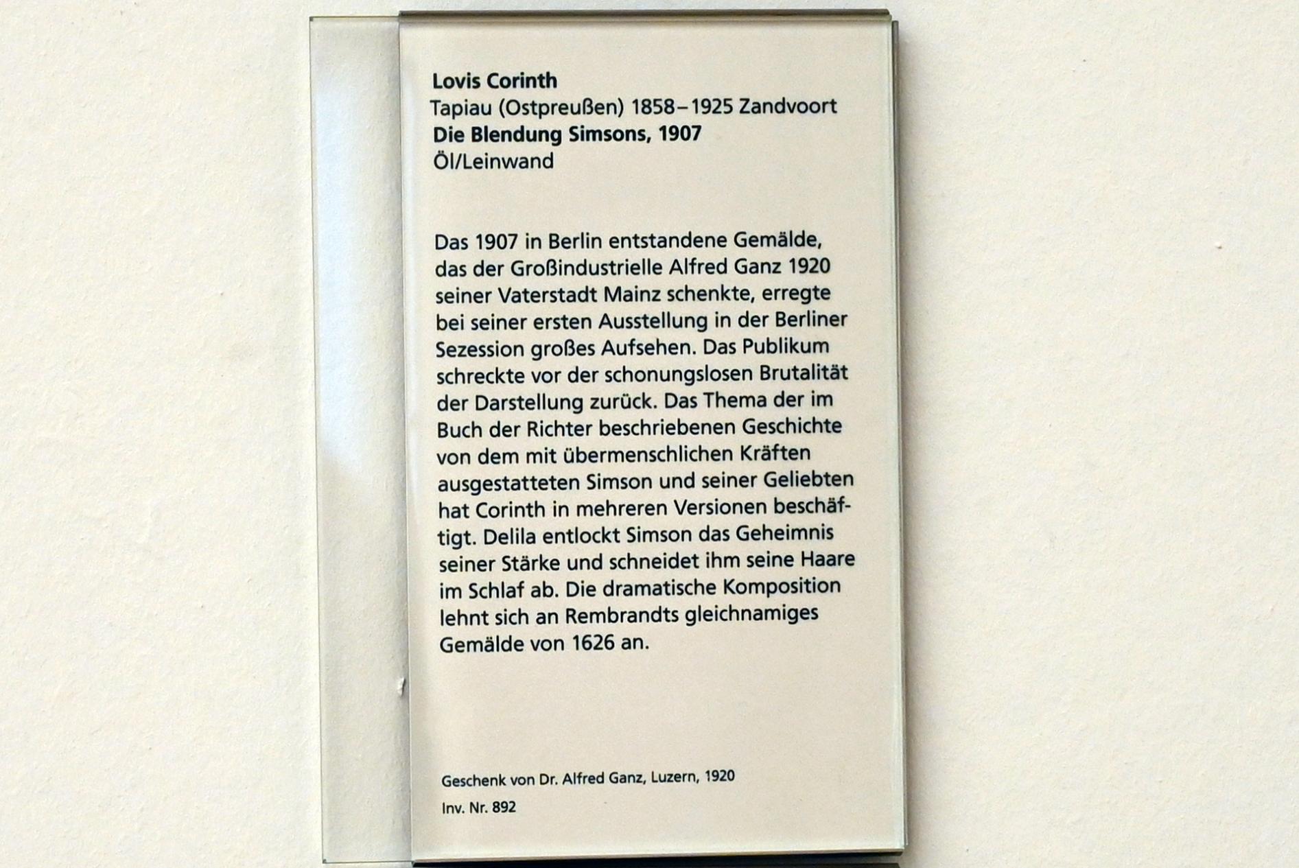 Lovis Corinth (1891–1925), Die Blendung Simsons, Mainz, Landesmuseum, Moderne, Saal 1, 1907, Bild 2/2