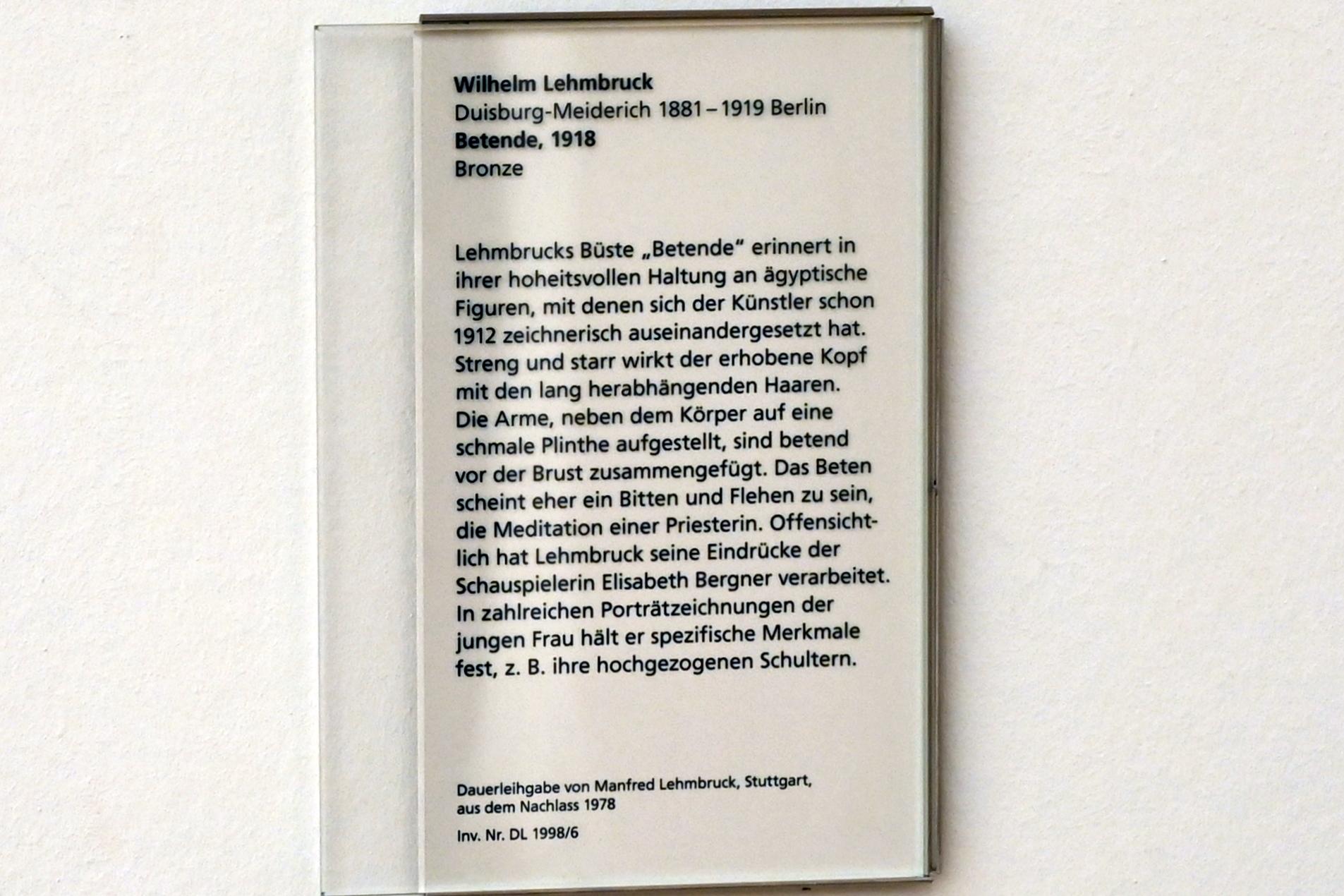 Wilhelm Lehmbruck (1909–1918), Betende, Mainz, Landesmuseum, Moderne, Saal 1, 1918, Bild 3/3