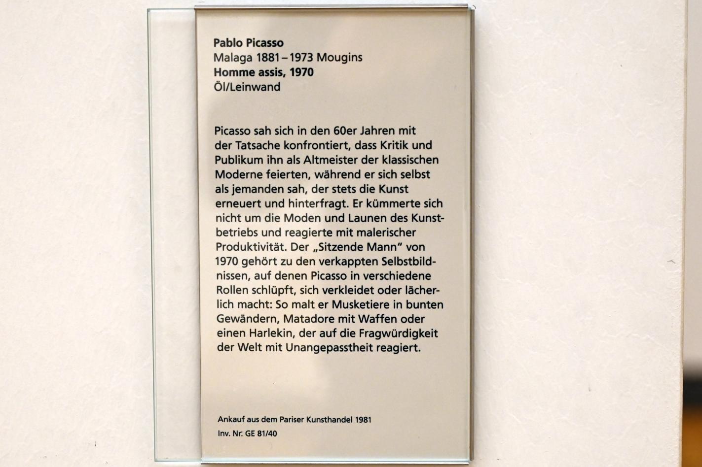 Pablo Picasso (1897–1972), Sitzende Mann (Homme assis), Mainz, Landesmuseum, Moderne, Saal 7, 1970, Bild 2/2