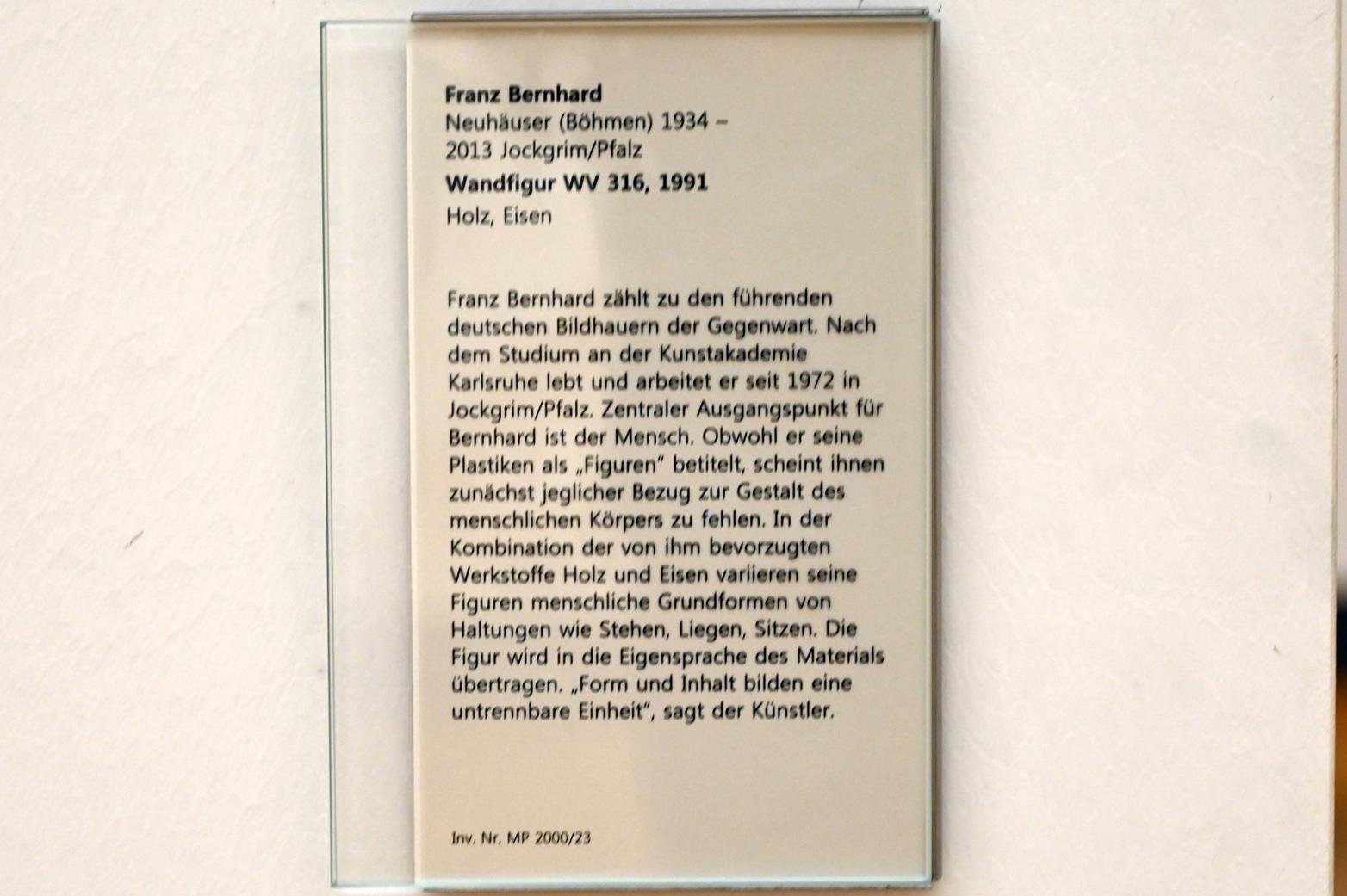 Franz Bernhard (1974–1991), Wandfigur WV 316, Mainz, Landesmuseum, Moderne, Saal 7, 1991, Bild 4/4