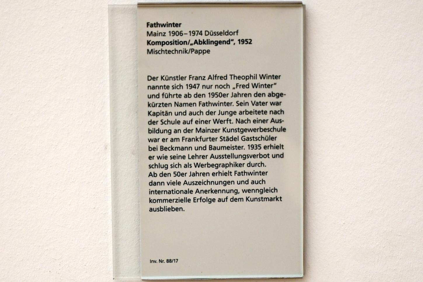 Fathwinter (Franz Alfred Theophil Winter) (1952), Komposition / "Abklingend", Mainz, Landesmuseum, Moderne, Saal 9, 1952, Bild 2/2