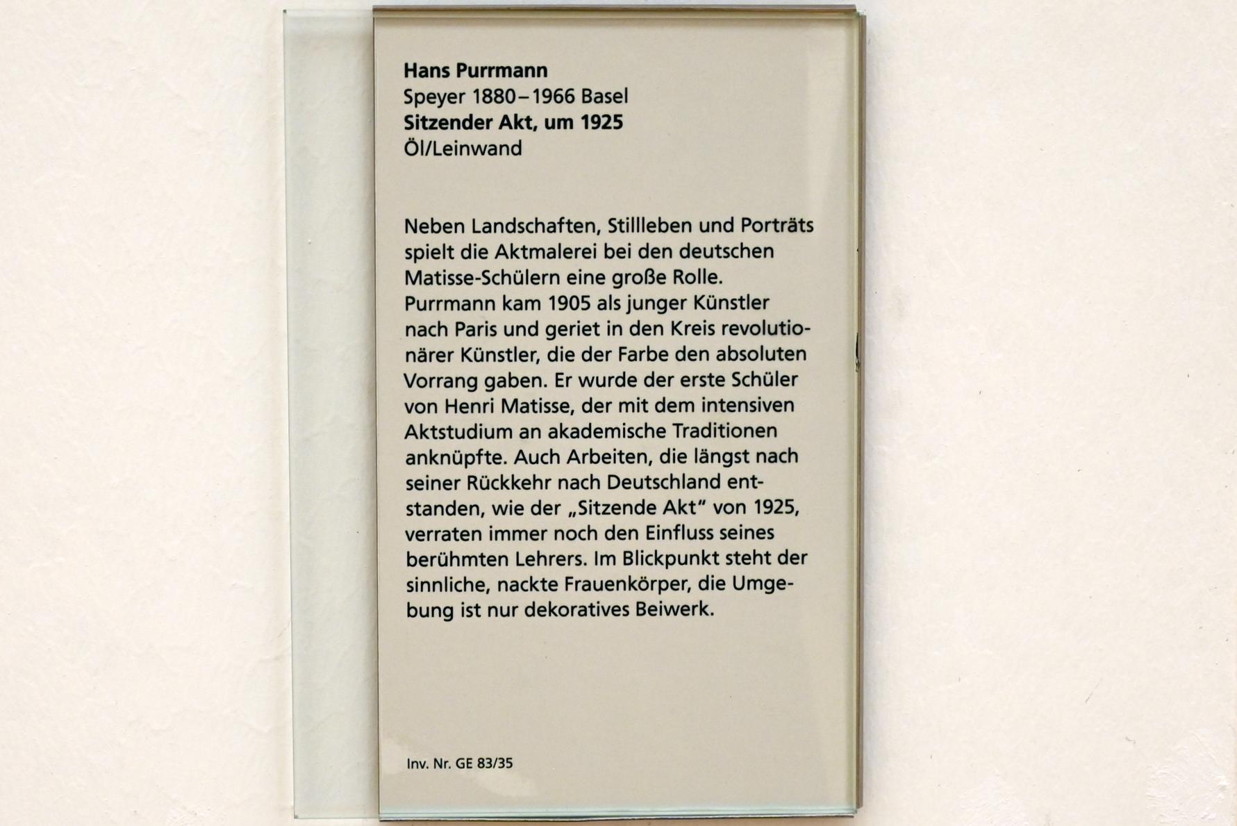 Hans Purrmann (1903–1949), Sitzender Akt, Mainz, Landesmuseum, Moderne, Saal 10, um 1925, Bild 2/2